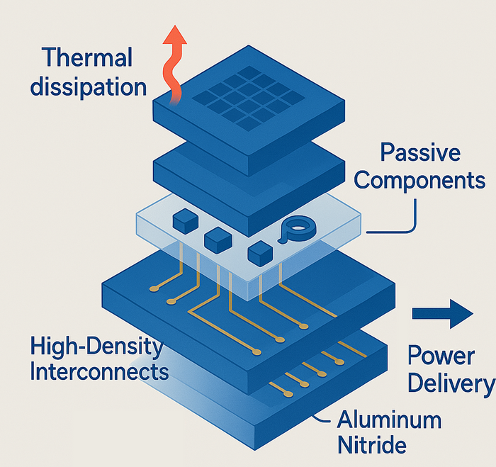 A stack of interposers illustrating thermal dissipation, the integration of passive components, power delivery, high density interconnects and aluminium nitride substrate